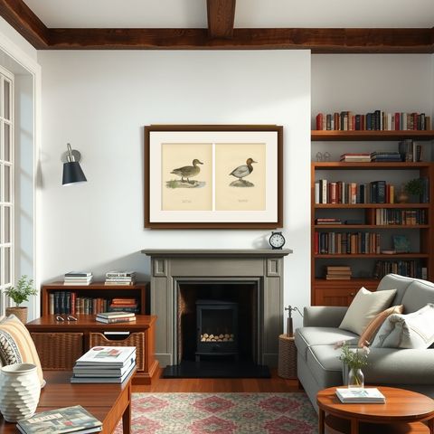 1929 Swedish Duck Lithographs Pair, Pintail & Pochard, shown framed in a room