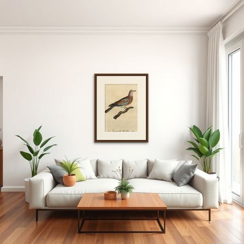 Original Antique Handcolored Bird Print of a Male Laughing Dove, 1803, shown framed in a room