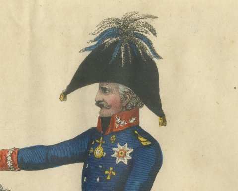 Field Marshal Blücher with Drawn Saber on a Gray Horse, 1815, close-up 1
