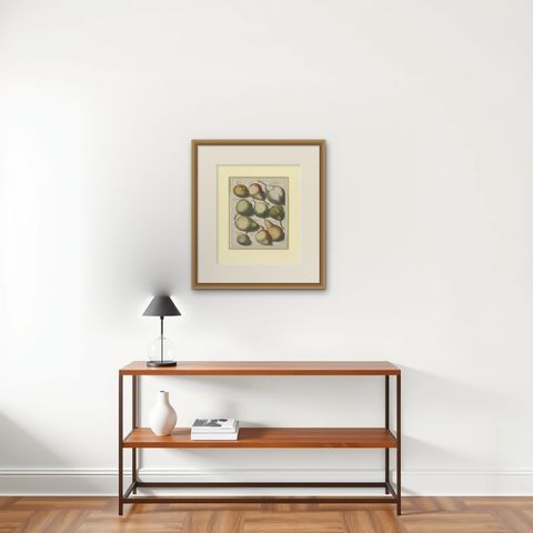 Tab II Antique Print of Various Pears by Knoop '1758', shown framed on a wall