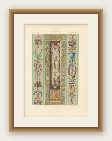Rococo Panel Ornament, French Floral and Gilt Wall Designs, Plate XCVII, 1869, shown framed