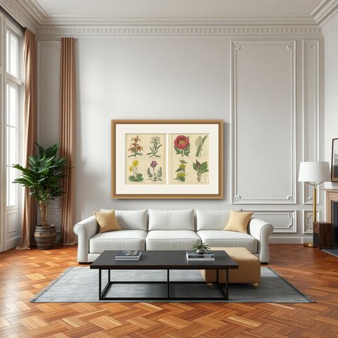 Pair of Rare 1836 Botanical Flower Prints by B. Maund, London, shown framed in a room