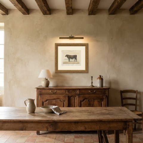 Flemish Bull, French Cattle Breed, Antique Chromolithograph by Borie, 1863, shown framed in a room