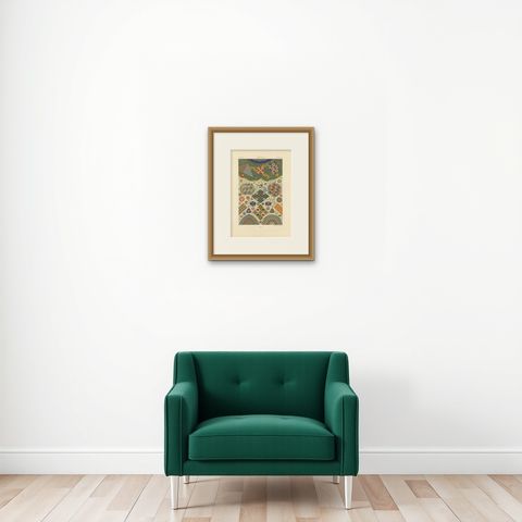 Japanese Ornament Print, Antique Lithograph of Geometric & Floral Patterns 1869, shown framed on a wall