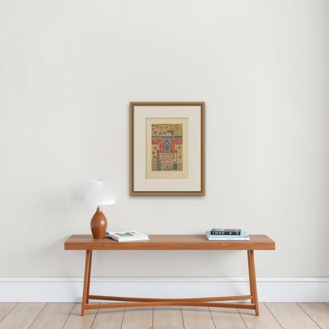 Indian Floral Motifs, Antique Print of Decorative Patterns from India, c.1869, shown framed on a wall