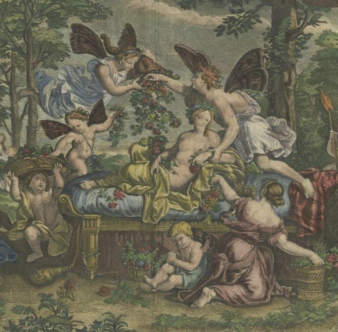 Rare Hand-Colored Antique Engraving of Flora Lying on a Bed Surrounded by Angels, close-up 3