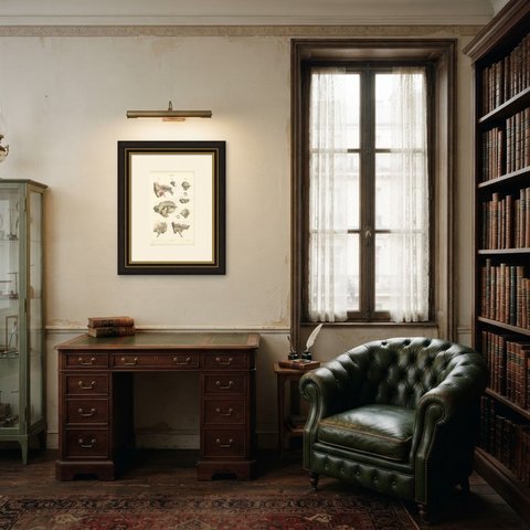 The Temporal Bone and Ear Canal, Antique Hirschfeld Anatomy Print, 1866, shown framed in a room