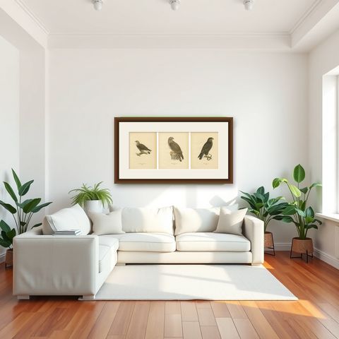 Nordic Birds of Prey Triptych, Swedish Lithographs, Scandinavian Raptors 1929, shown framed in a room