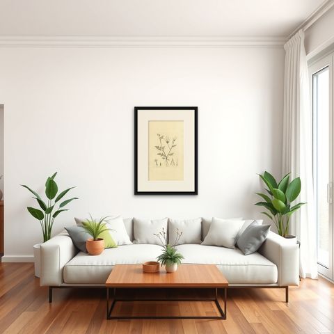 Antique Botany Print of Scandix Pecten-Veneris by Curtis 'circa 1817', shown framed in a room