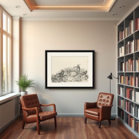 No.4 Antique Print of Goats by Cooper, '1839', shown framed in a room