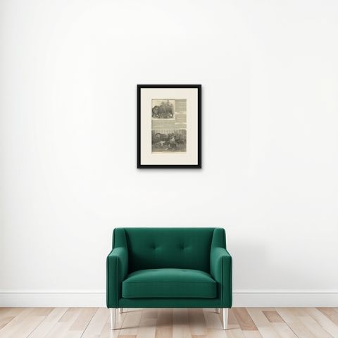 Antique Print of Pigmy Elephants and Lion Cubs, 1854, shown framed on a wall