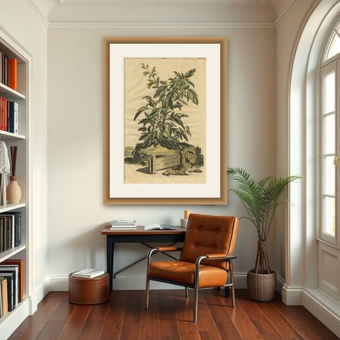 Botanical Illustration of Yellow Variegated Sage from Munting’s 1696 Herbal, shown framed in a room
