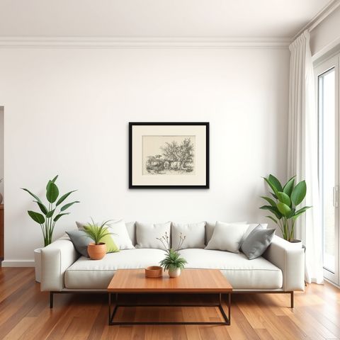 Antique Print of Cattle by Cooper, circa 1839, shown framed in a room