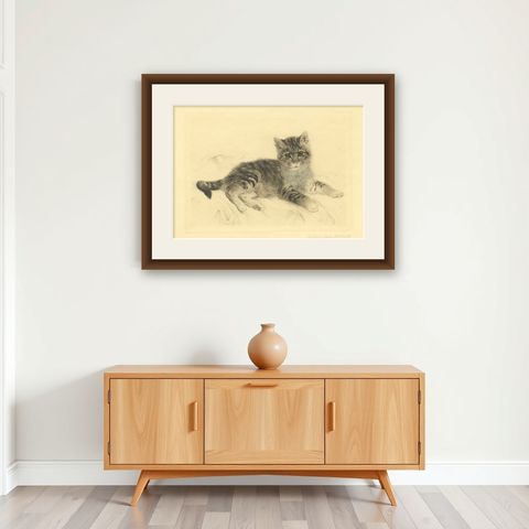 Antique Cat Etching by Kurt Meyer-Eberhardt, Estate Edition, Posthumous 1977, shown framed on a wall