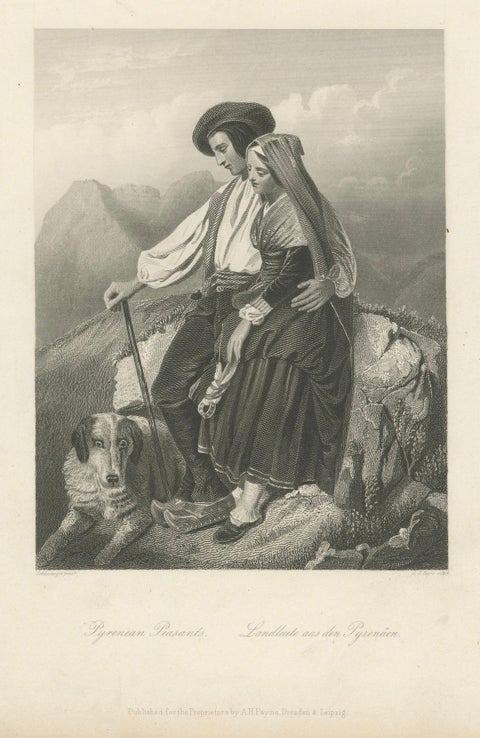 Pyrenean Peasant Couple with Dog, Romantic 19th C. Engraving c.1840, close-up 1
