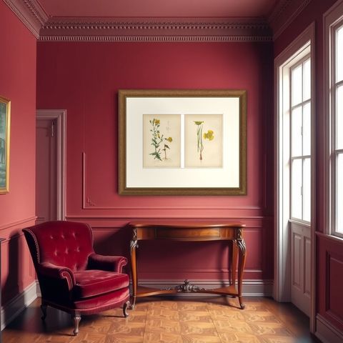 Native US Flora - Two Original Botanical Chromolithograps, 1879, shown framed in a room