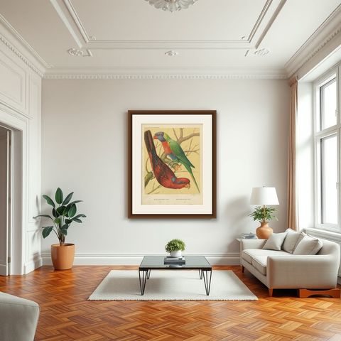 Antique Bird Print of Blue-Streaked Lory and Blue Mountain Lory, ca 1880, shown framed in a room