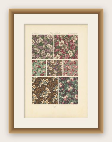 Pl. 120 Antique Print of 19th Century Floral Designs by Racinet, circa 1890, shown framed