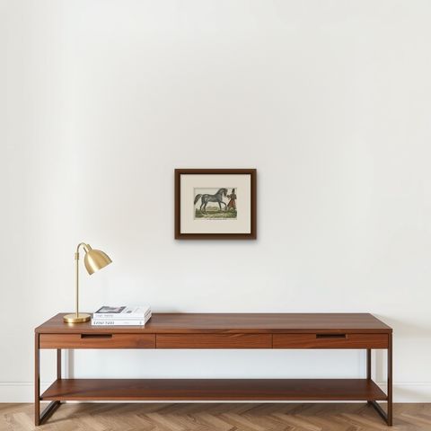 Antique Print of Persian Horse, shown framed on a wall