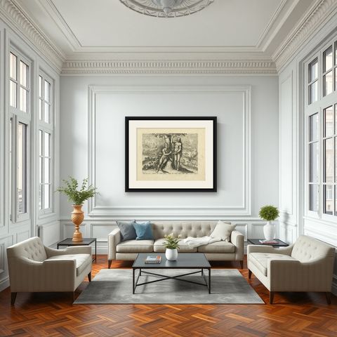 Antique Print of Adam and Eve Eating the Apple from the Tree '1674', shown framed in a room