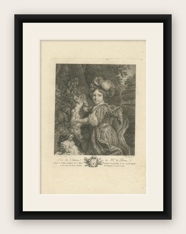 Antique Print of a Child, Deer and a Dog by Le Brun 1792, shown framed