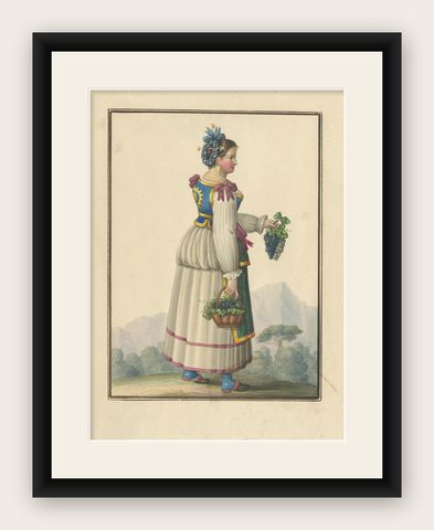 Antique Print of a Woman Harvesting Grapes 'circa 1880', shown framed