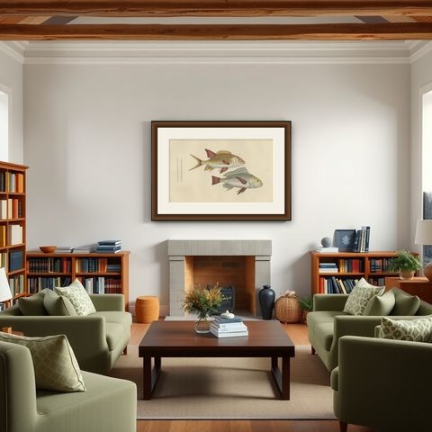 19th Century Sheepshead Seabream and Squirrelfish Antique Fish Print, 1845, shown framed in a room
