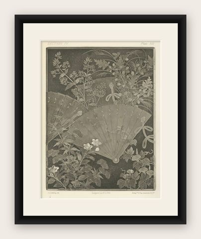 Japanese Fans and Floral Heliogravure Print by G. A. Audsley, Paris, c. 1880, shown framed
