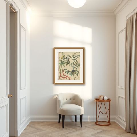 Antique Handcolored Engraving of Medicinal Plants, c.1800, shown framed in a room