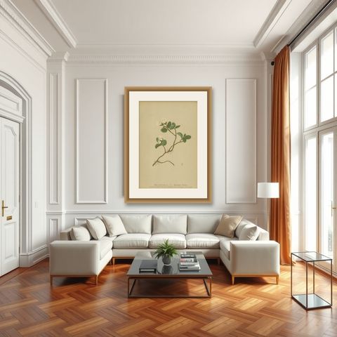 Antique Botany Print of the Dwarf Willow by Palla, 1897, shown framed in a room