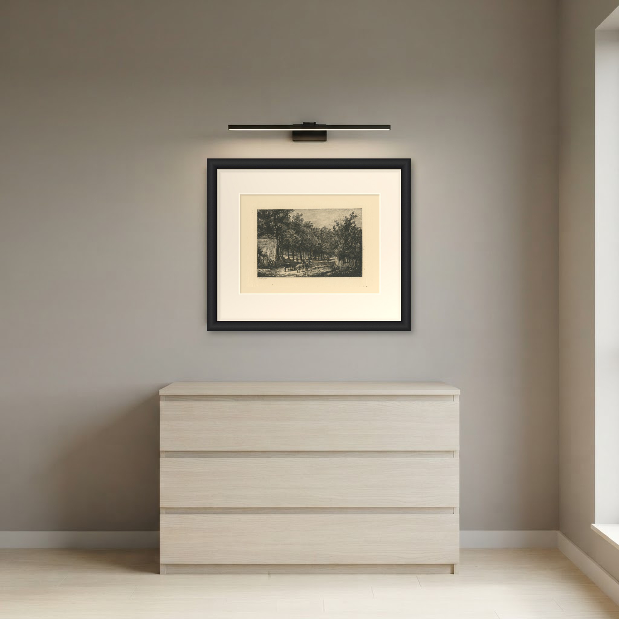 Lane with Cattle after John Crome, Antique Etching by Chattock, circa 1875, shown framed in a room