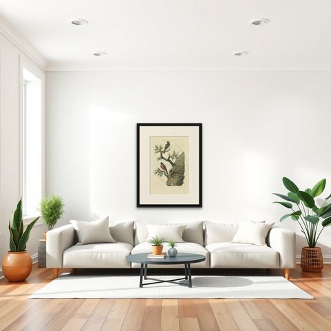 Antique Bird Print of Redstarts by Sepp & Nozeman, 1770, shown framed in a room