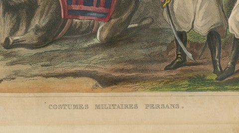 Antique Persian Military Scene with Camel, Hand-Colored Engraving c1820, close-up 6