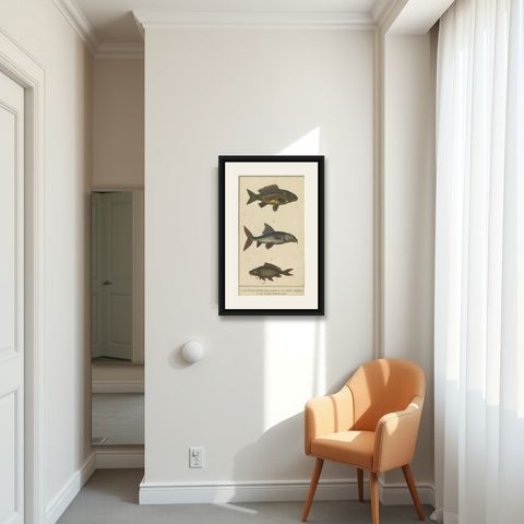 Antique Print of the Barbel Fish and other Fish Species, 1844, shown framed in a room
