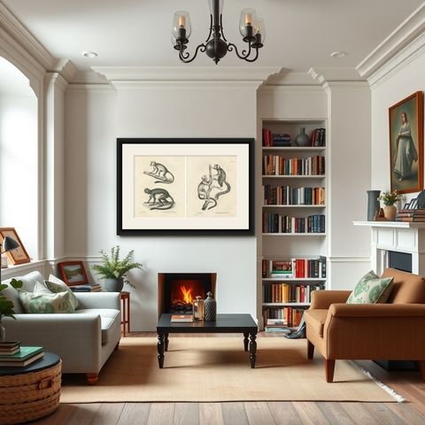 Saimiri, Night Monkey, Mico & Silky Monkey, Lithographs by C.C. Last, 1836, shown framed in a room