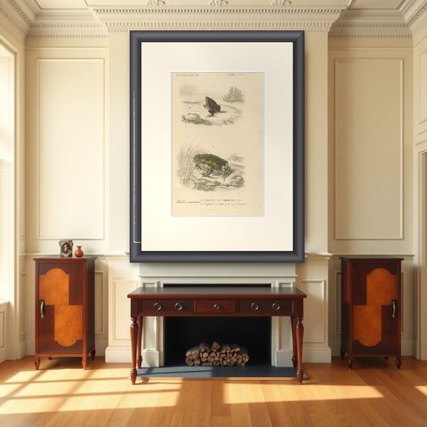 Frog Print of Oval Engystoma and Green Toad, c.1850, by Orbigny, shown framed in a room