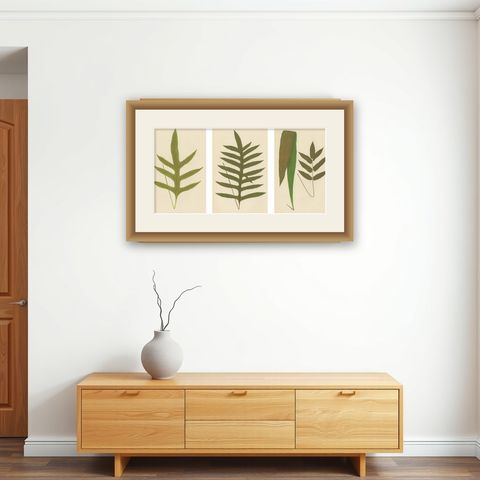 Antique Victorian Fern Botanical Prints, Polypodium Decorative Study Set 1856, shown framed on a wall