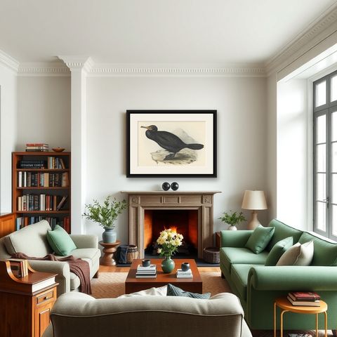 Antique Bird Print of the Great Cormorant or Black Shag, 1832, shown framed in a room