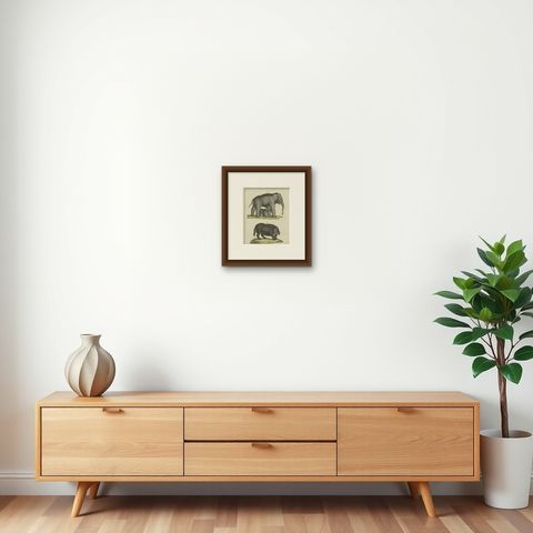 Original Antique Print of the Indian Elephant and the Mythical Beast Sukotyro, shown framed on a wall