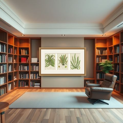 European Quillwort, Creeping Pillwort and Shoreweed, Botanical Triptych, 1873, shown framed in a room