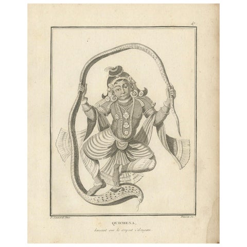 Rare 1808 Engraving of Krishna's Triumph Over Serpent Kaliya