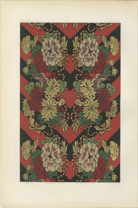 Japanese Floral and Butterfly Textile Pattern: Antique Lithograph, 1880s, view 2