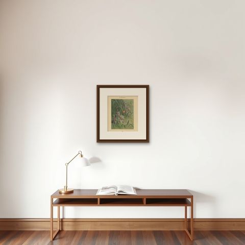 Delicate Irises with Birds - Old Giacomelli Botanical and Ornithological Print, shown framed on a wall