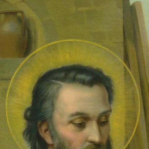 St Joseph and Child Jesus with Lily, Antique German Chromolithograph c.1900, close-up 5