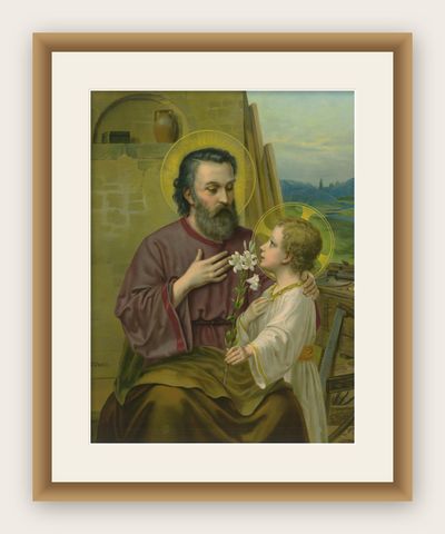 St Joseph and Child Jesus with Lily, Antique German Chromolithograph c.1900, shown framed