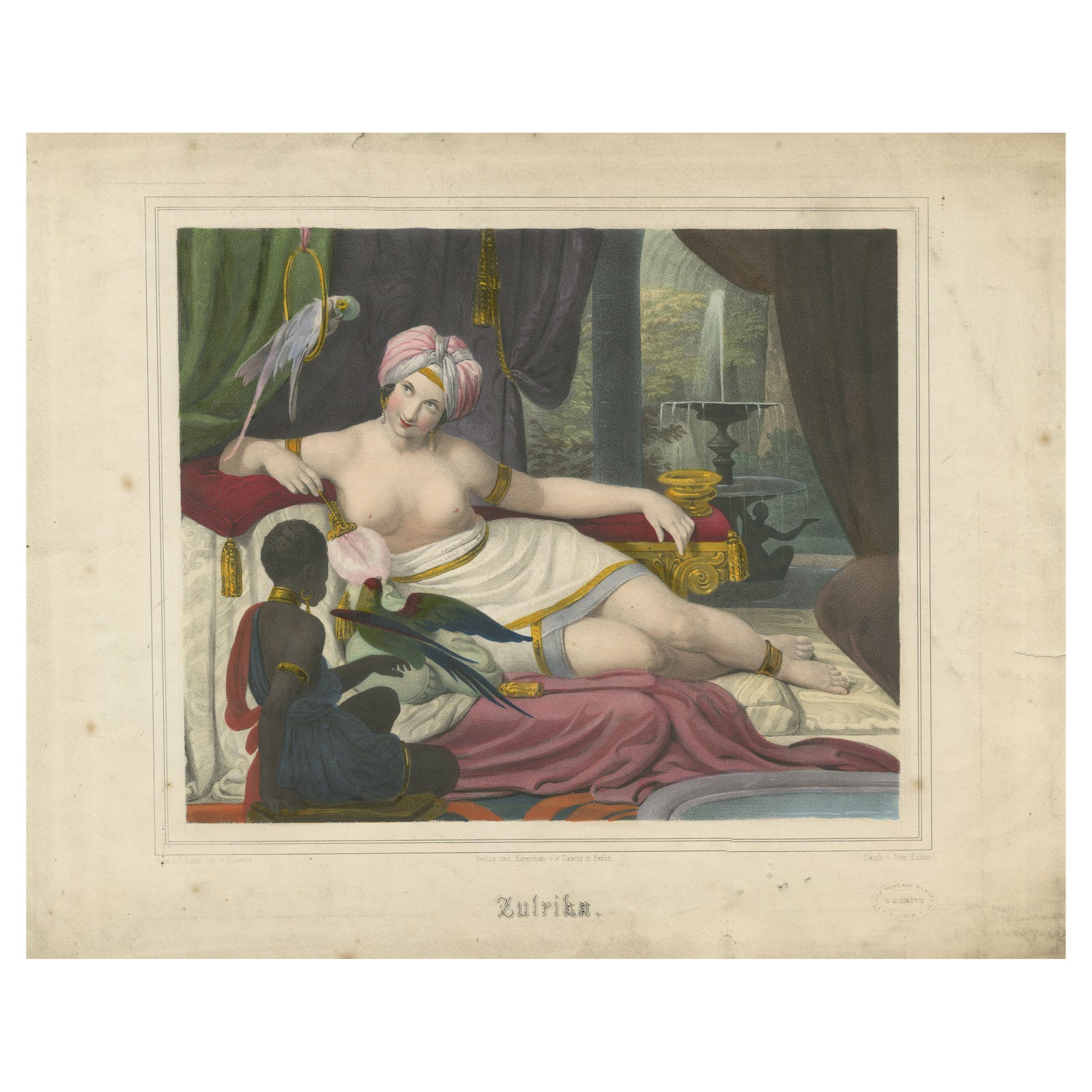 Orientalist Lithograph of Reclining Woman with Parrots, Ulrika, c.1840, Berlin