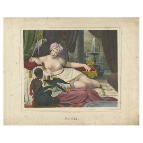 Orientalist Lithograph of Reclining Woman with Parrots, Ulrika, c.1840, Berlin