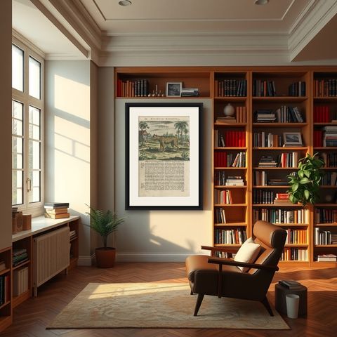 Antique Print of a Tiger by A. Kircher, circa 1660, shown framed in a room