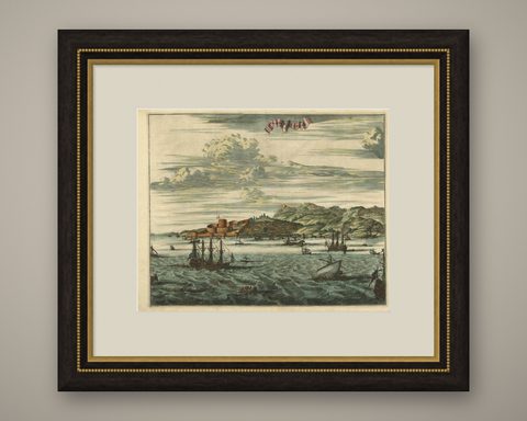 Antique Print of Sestos in Turkey with Ships , circa 1680, shown framed