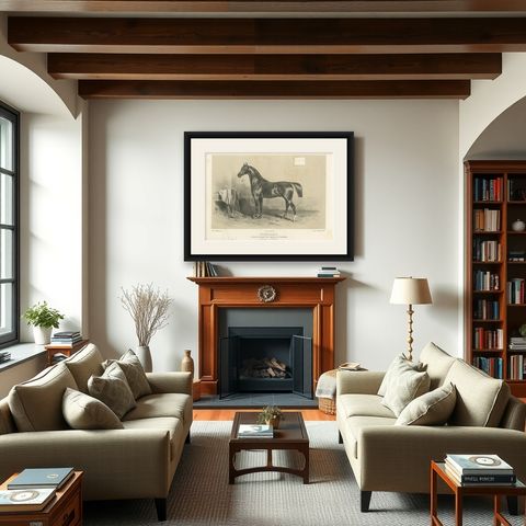Antique Lithograph of the Horse 'Introuvable', shown framed in a room